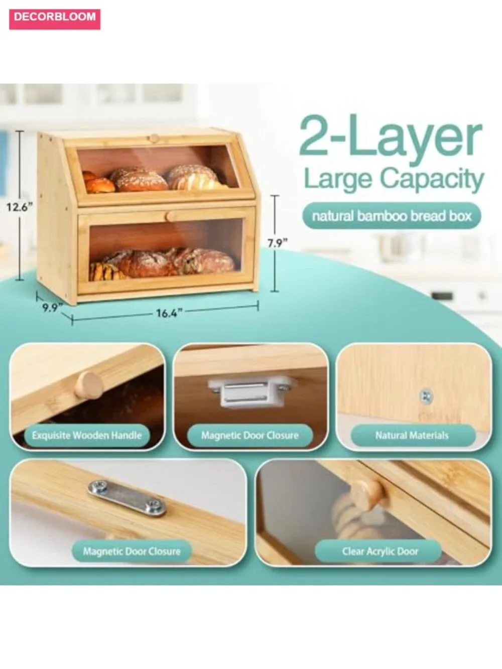 Large Double Layer Bamboo Bread Box with Clear Door, Includes Bags & Labels